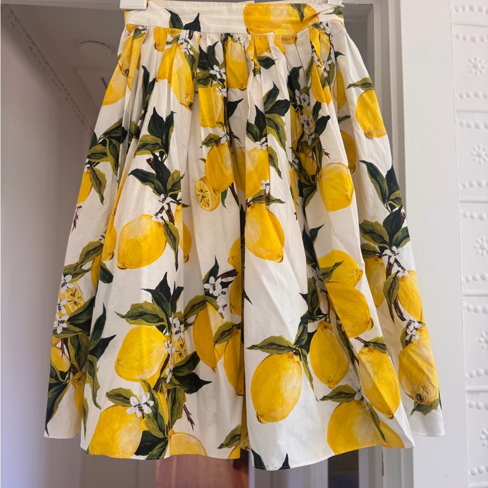 DOLCE & GABBANA Lemon Print Cotton Full Pleated Midi Skirt IT 42 Italy D&G